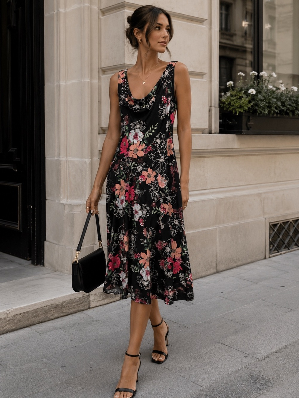 Robbie Bee Black Floral Cowl Neck Midi Dress with Pink & Peach Blooms